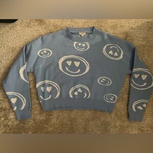Debut sky blue sweater, happy face crop sweater design, size xtra small